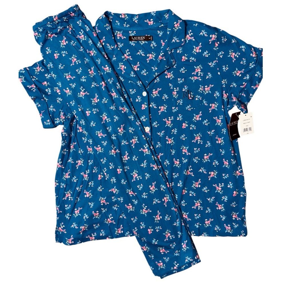 Lauren Ralph Lauren Pajama Set Plus Size 2X‎ Navy Blue Floral Print